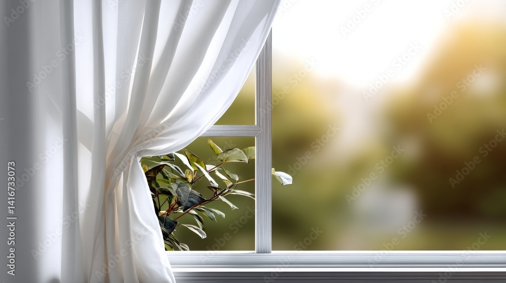 Aufkleber white curtain is drawn open to reveal a window with a plant in it. the sunlight is shining through t