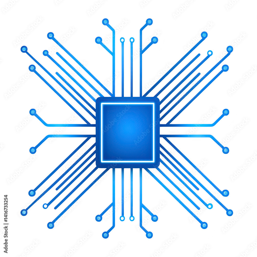 Poster glowing blue microchip with intricate circuit lines radiating outward symbolizes advanced technology