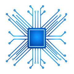 glowing blue microchip with intricate circuit lines radiating outward symbolizes advanced technology and connectivity. design highlights innovation and digital communication