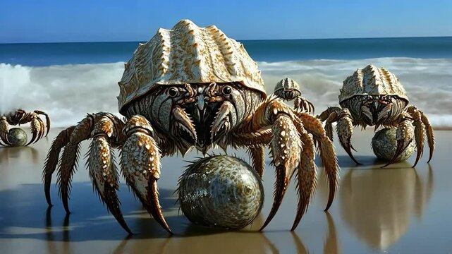Giant crabs pushing sphere on beach