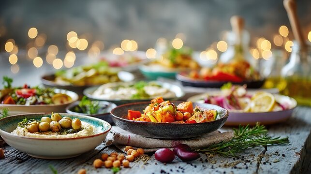 Ten Colorful Vegetarian Dishes Glowing with Magnesium-Rich Ingredients, Arranged on Rustic Table with Soft Bokeh Background