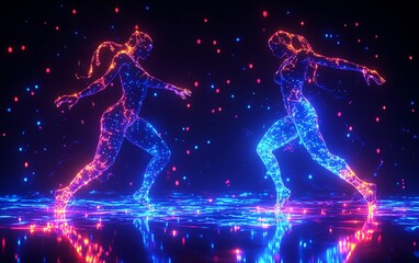 Fototapeta premium Two glowing female figures dance in a neon dreamscape. Digital art, abstract, futuristic.