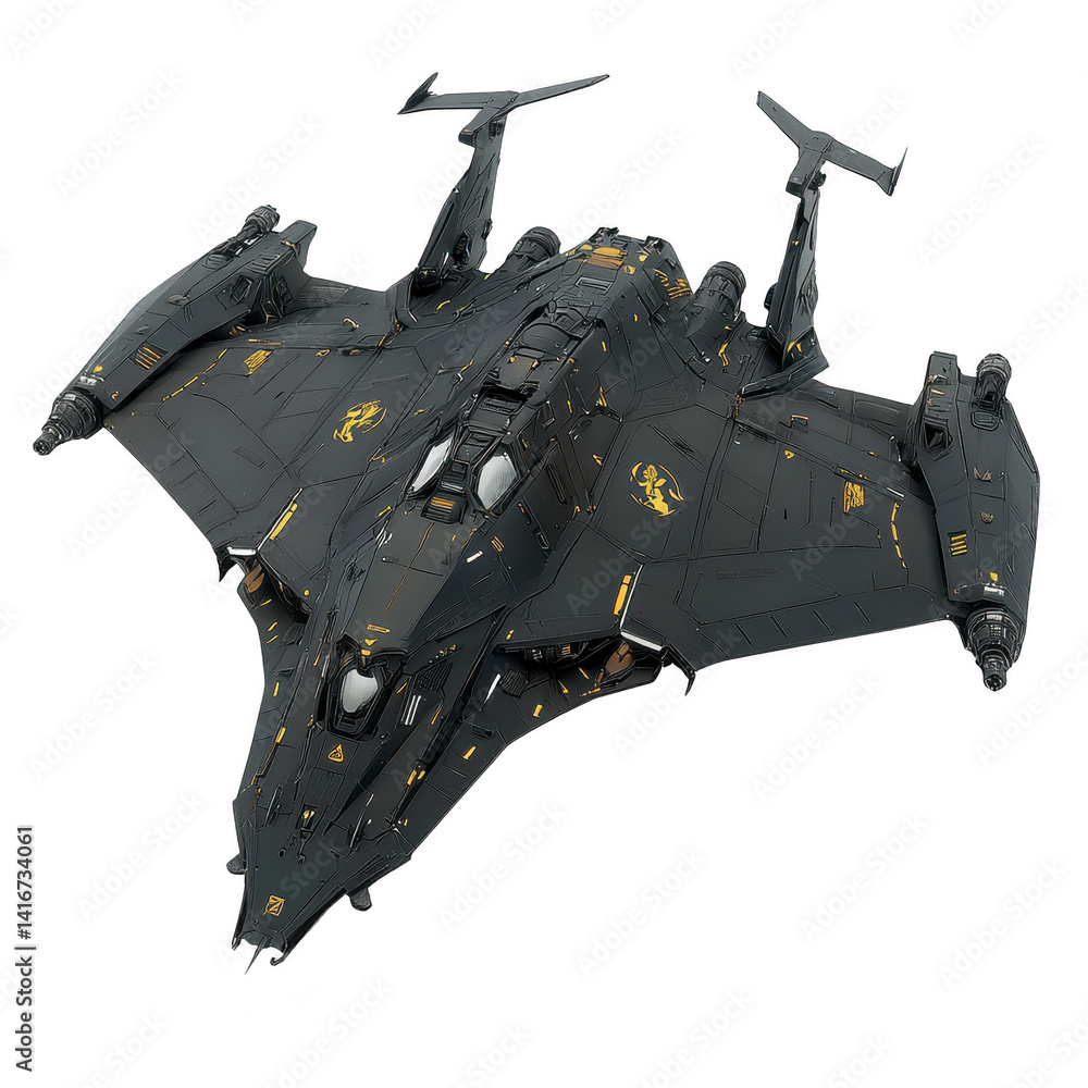 Poster sleek, futuristic black spaceship with intricate yellow detailing and multiple engines, designed for