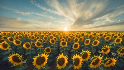 Obraz premium Sunflower Field Under Sky at Sunset