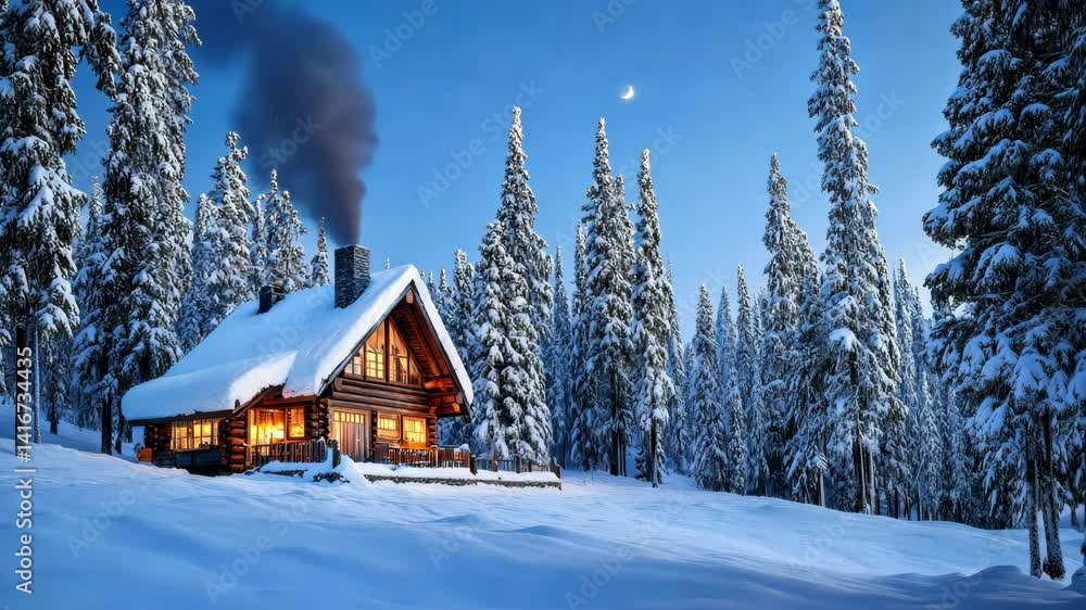 Poster snowy log cabin nestled in a winter forest at twilight.