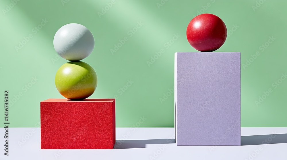 Poster two colorful balls are placed on top of two different colored blocks, one of which is red and the ot