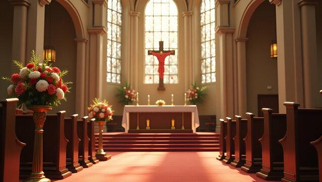 Elegant Ascension Day Altar Decoration: Intricate Floral Arrangements & Sacred Symbolism in Church Setting with Empty Space for Text