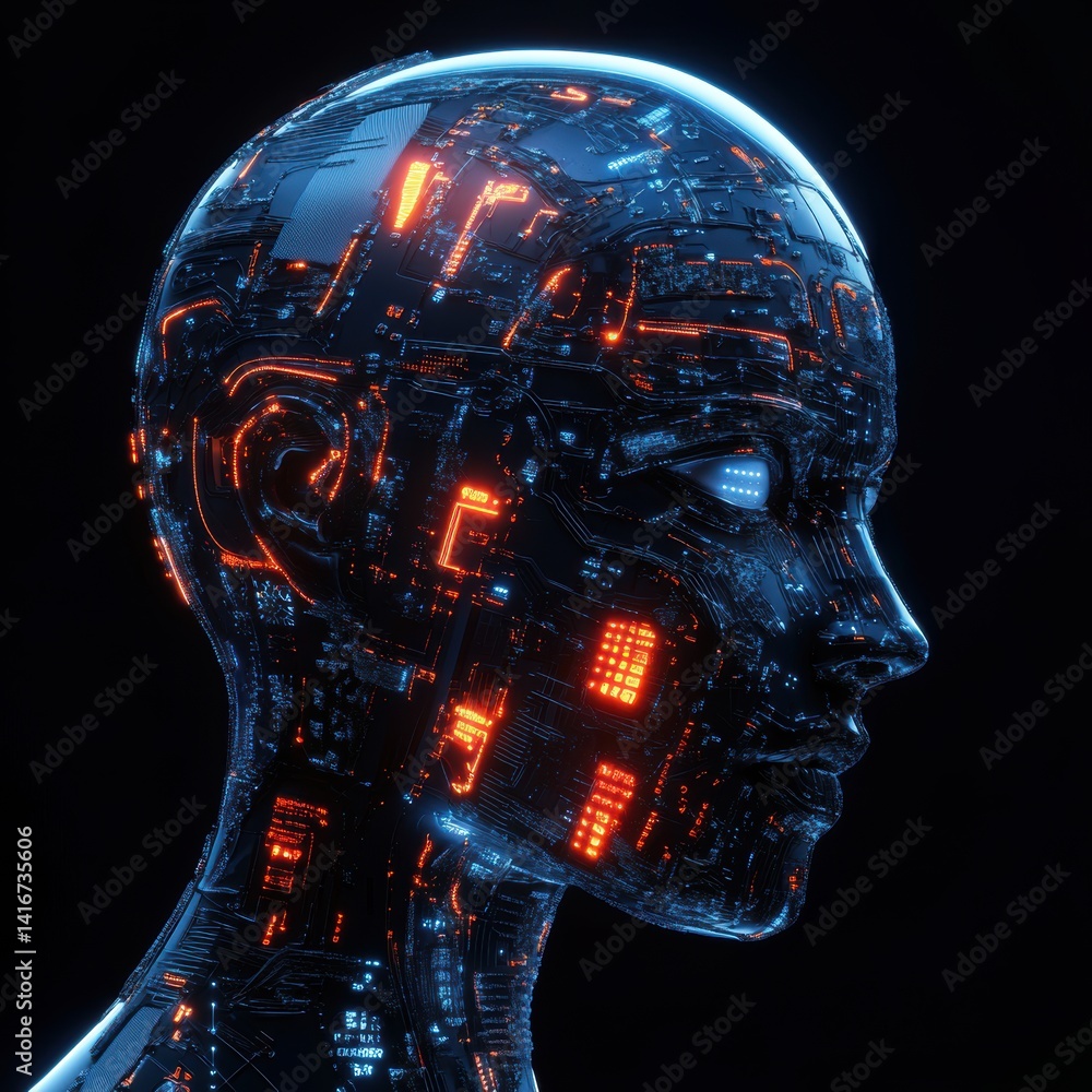 Poster futuristic artificial intelligence head with glowing circuitry and metallic texture