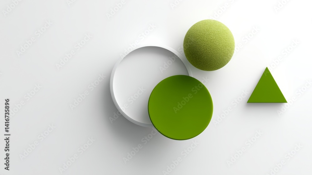 Poster green ball sits in the middle of a white circle and a green triangle. concept of balance and harmony