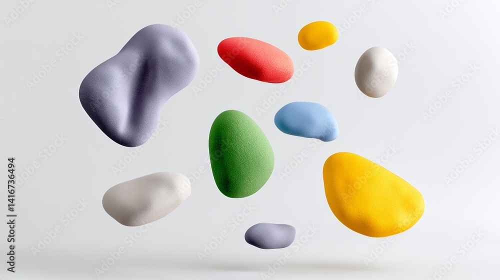 Poster collection of colorful rocks floating in the air. concept of playfulness and creativity, as the rock