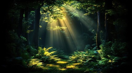 Obraz premium Radiant forest scene with sunlight streaming through lush green trees creating a warm and peaceful atmosphere at sunrise