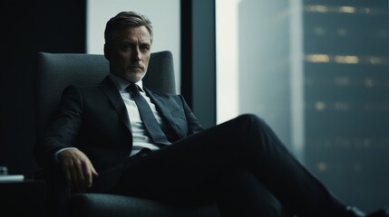 Confident Businessman in Dark Suit Sitting by Window