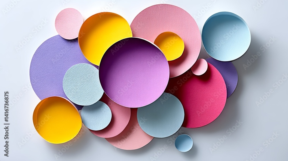 Poster colorful collage of circles made of paper. the circles are of different sizes and colors, and they a