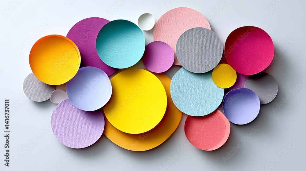 Poster colorful collage of circles made of paper. the circles are of different sizes and colors, and they a