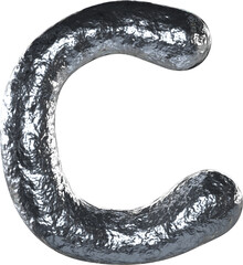 3D Chrome Letter C with Glossy Textured Metal Surface on Transparent Background.