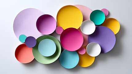 Colorful collage of paper circles with a variety of colors. The circles are arranged in a way that creates a sense of movement and energy. Scene is playful and whimsical