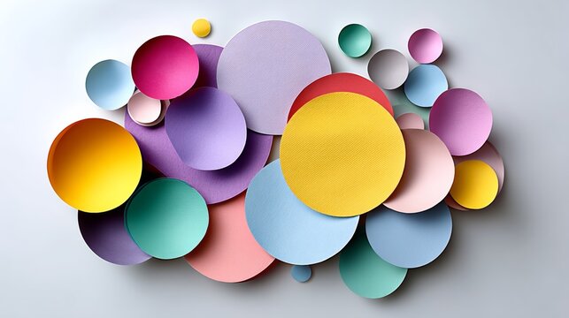 Colorful collage of paper circles with a variety of colors. Concept of creativity and playfulness, as the circles are arranged in a way that resembles a cloud or a group of people