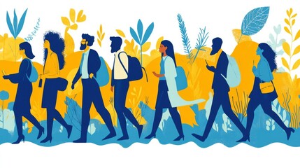 Obraz premium Diverse People Walking Together in Blue and Yellow Landscape