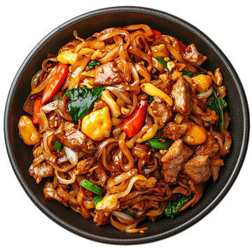 Extreme top view of an extremely perfect looking Phad See Ew (Stir-Fried Noodles) in a dark clay plate isolated on a white transparent background
