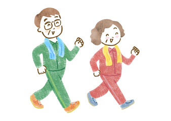 笑顔でウォーキングしているシニアカップルの手描きイラスト
