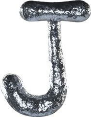 3D Chrome Letter J with Glossy Textured Metal Surface on Transparent Background.