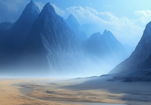 Mystical Blue Mountains and Sandy Valley Landscape