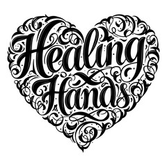 Ornate, stylized lettering in a heart shape reads "Healing Hands".  Ideal for health-related advertising or editorial use.