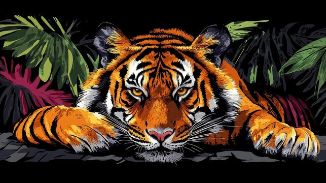 Digital tiger artwork resting in tropical flora evoking pixelated retro design animal illustration and wildlife theme jungle fantasy digital art