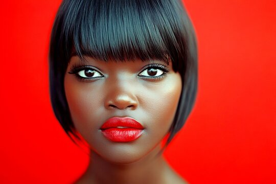 Commercial digital ads idea. Short coiffure - highlighted hair. Lovely calm black girl - for ads, marketing material and social media use. Black model inspiration. Bold black model portrait.