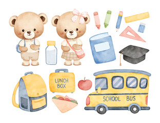 Watercolor Illustration Set of Little Bear and School Elements