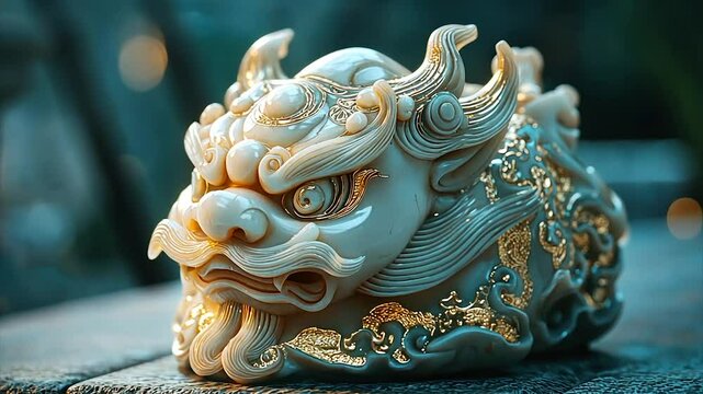 Intricate off-white mythical beast figurine with gold accents