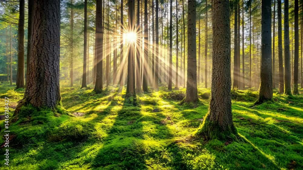 Poster sunlight streams through forest canopy, illuminating moss.