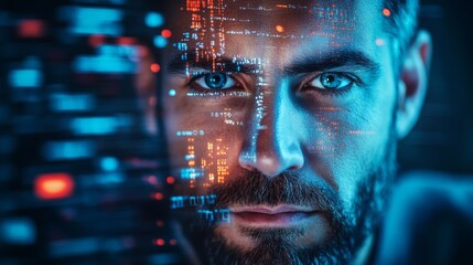 Closeup Portrait of a Man with Digital Data Overlay