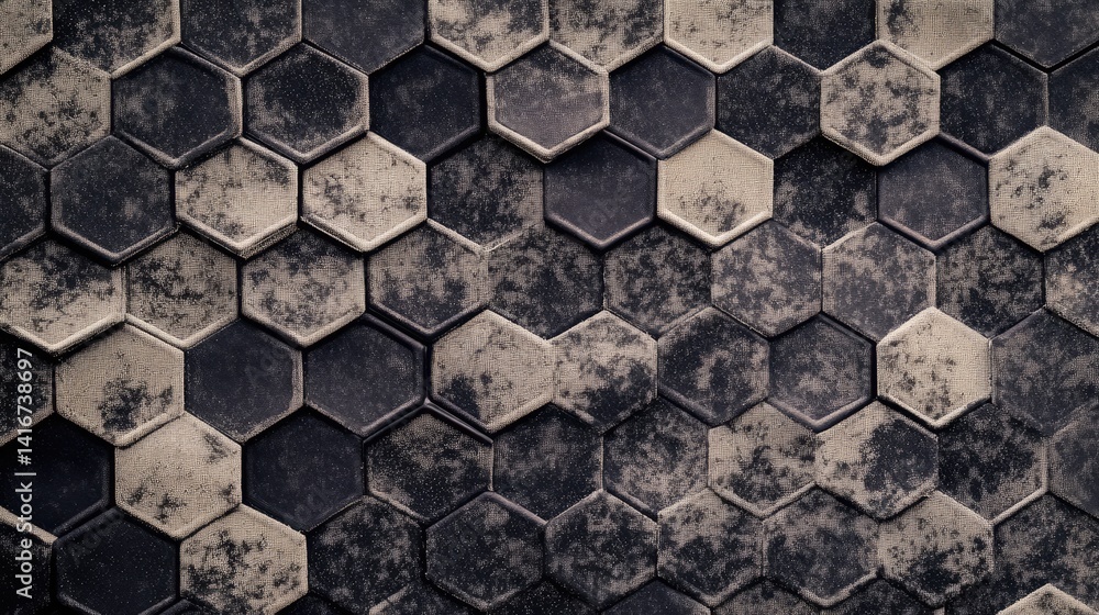 Poster monochrome hexagon pattern, textured surface with geometric design elements