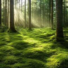 Fototapeta premium A vibrant forest floor covered in lush green moss, illuminated by soft sunlight filtering through the tall trees overhead