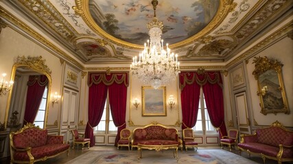 A view of the luxurious royal suite in the Palace of Versailles, showcasing its grand architecture and ornate details