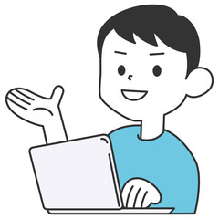 パソコン操作をしながら案内をする男性