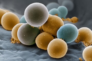 SEM-style view of Staphylococcus aureus, soft grey background, color-enhanced spherical cells, not oversaturated