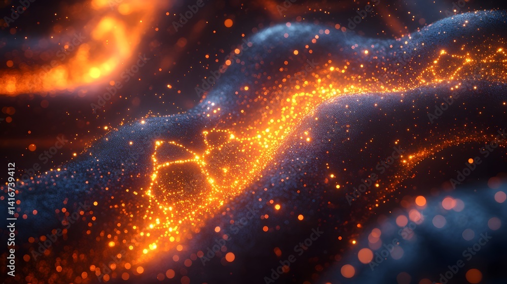 Poster intricate patterns of glowing particles in a fiery abyss.