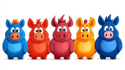 Fototapeta premium Pixelated pals colorful cartoon characters lined up for cheerful composition engaging illustration for children's content playful digital art style