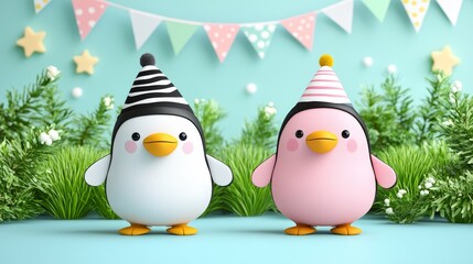 Whimsical pixelated penguin pair celebrate amidst festive backdrop ideal for themed invitations and quirky animal loving children's designs