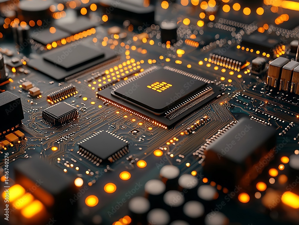 Poster illuminated circuit board with central processor chip.