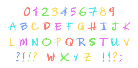 English alphabet and numbers 0-9, hand-drawn in colorful wax crayon or charcoal style on board. Highlighter effect, perfect for kindergarten drawing, learning and creative design. Vector illustration
