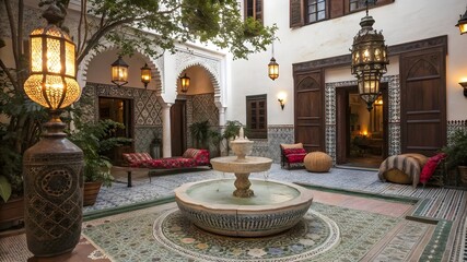 The serene courtyard of a hotel, showcasing a fountain and inviting chairs for guests to enjoy the outdoor space