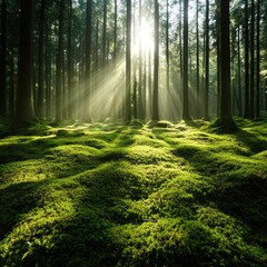 Fototapeta premium A vibrant forest floor covered in lush green moss, illuminated by soft sunlight filtering through the tall trees overhead