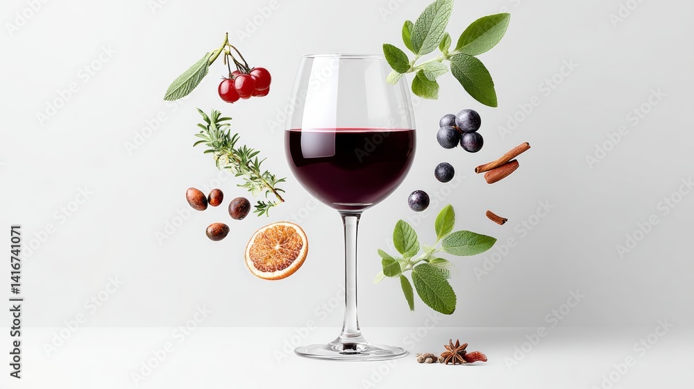 Poster glass of wine is surrounded by various fruits and herbs, creating a visually appealing and appetizin