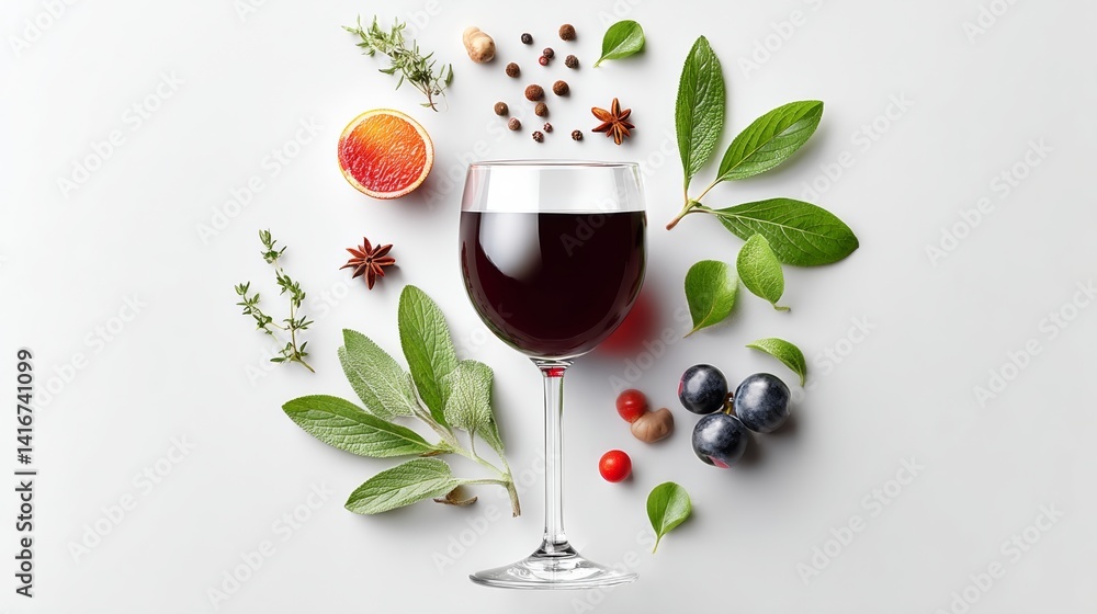 Poster glass of wine is surrounded by various fruits and herbs, creating a visually appealing and appetizin
