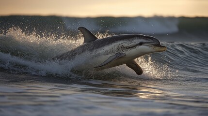Fototapeta premium Dolphin leaping through the ocean wave at sunrise capturing aquatic grace and wild energy for animal lovers and travel destinations exploring marine life