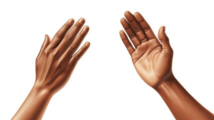 Two Hands Reaching Upward with Open Palms Against a White Background