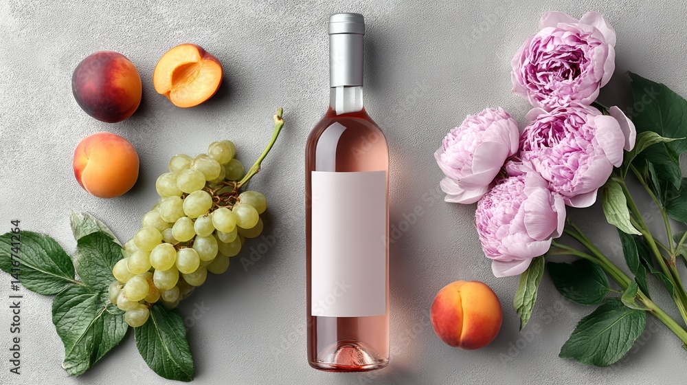 Poster bottle of wine is on a table with a bunch of grapes and peaches. the bottle is empty and the grapes 
